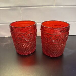 Pair of Vintage Ivima Red  Embossed Drinking Glass‎ Tumblers - Set of 2